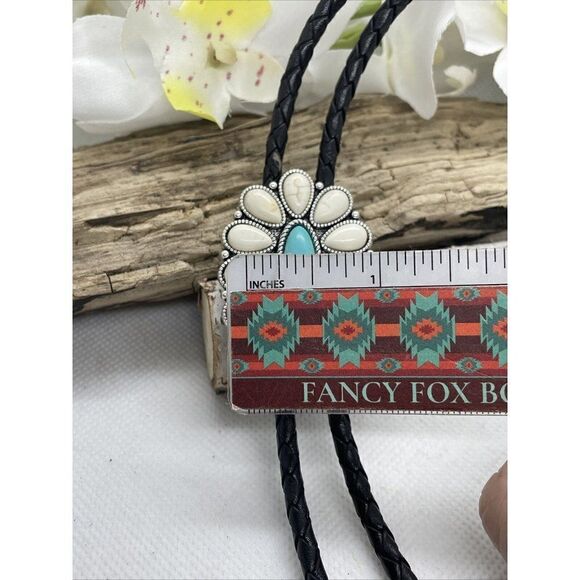 Western Cluster Turquoise  White Silver Black Bolo Tie Southwest Cowgirl Cowboy - Picture 5 of 13